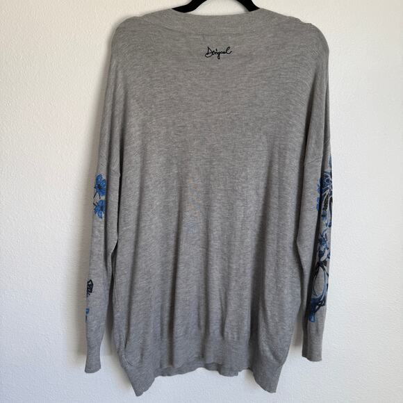 Desigual Louth Floral Butterfly Sequin Pullover Knit Sweater Lightweight Gray XL - Picture 4 of 10